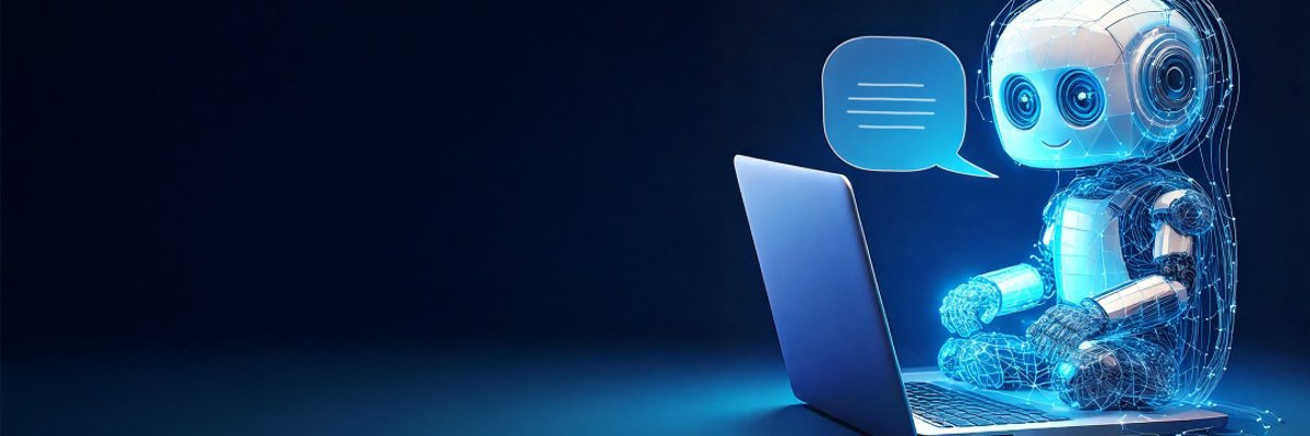 Blau-leuchtende Illustration eines kleinen humanoiden Roboters, der sprechend vor einem Laptop auf dem Boden sitzt.