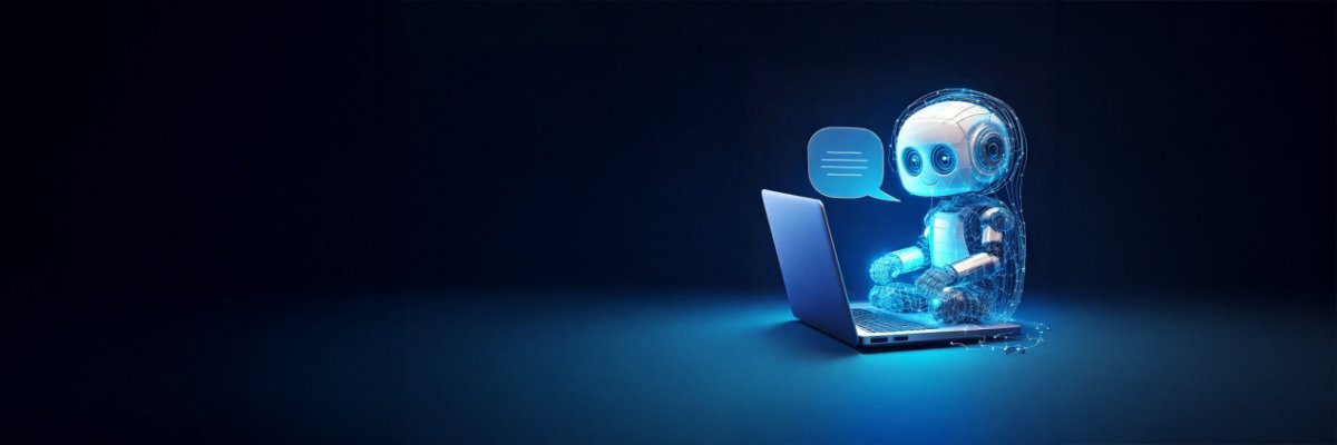 Blau-leuchtende Illustration eines kleinen humanoiden Roboters, der sprechend vor einem Laptop auf dem Boden sitzt.