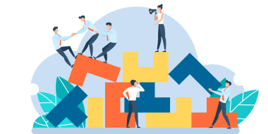 Illustration von sechs Personen vor und auf einem wilden Haufen durcheinander liegender Bausteine.