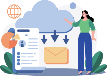 Illustration einer Dame zeigend auf eine Wolke, vor der sich ein Umschlag und ein Formular befinden.