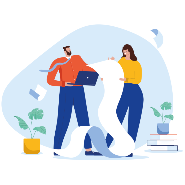 Illustration zweier Personen, die gemeinsam eine lange Liste durchlesen.