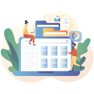 Illustration von zwei Personen arbeitend auf einem großen Notebook, das eine Formularsammlung anzeigt.