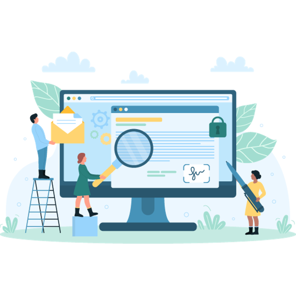 Drei Personen vorm Monitor Illustration dreier Personen stehend mit Lupe, Umschlag und Stift vor großem Monitor, das ein Dokument zeigt,