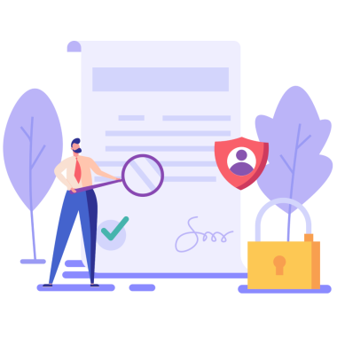 Illustration eines Mannes, der eine große Lupe vor ein Formular hält.