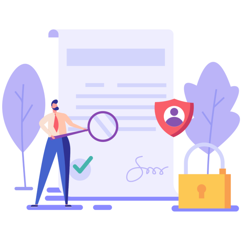 Illustration eines Mannes, der eine große Lupe vor ein Formular hält.