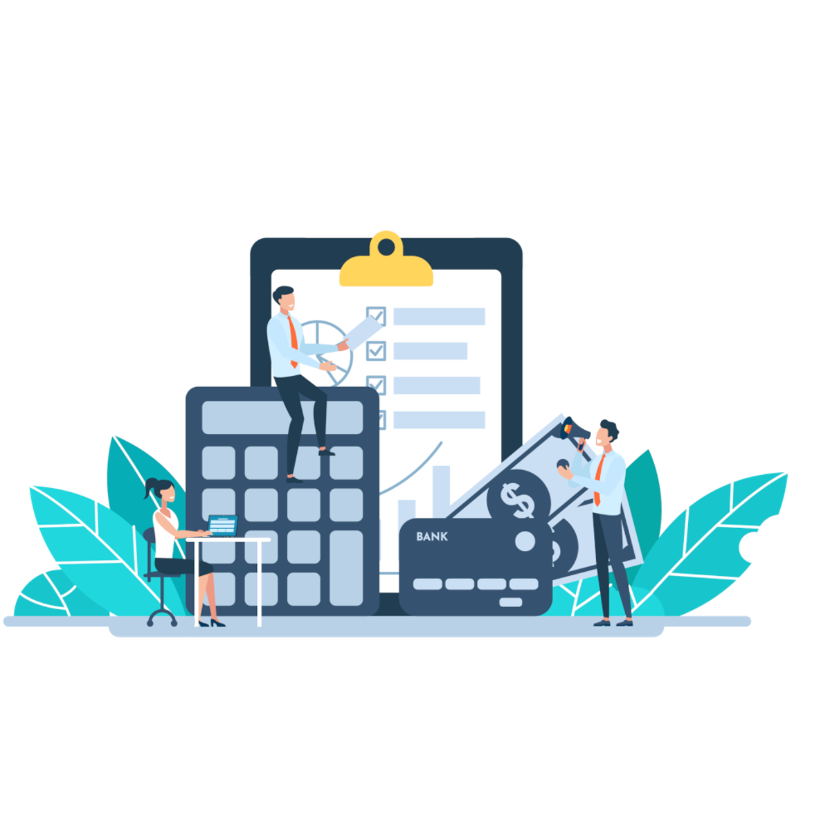 Drei Personen rechnen Illustration dreier Personen, die vor einem Klemmbrett und Taschenrechner Finanzen berechnen.