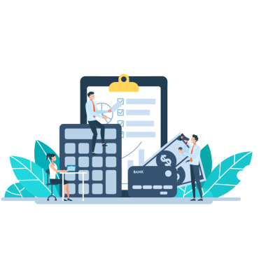 Illustration dreier Personen, die vor einem Klemmbrett und Taschenrechner Finanzen berechnen.