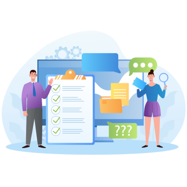 Illustration von einem Mann und einer Frau mit Lupe vor einem Klemmbrett mit Sprechblasen daneben.