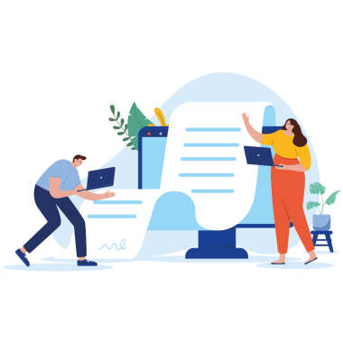 Illustration von zwei Personen mit Laptops vor einer großen und langen Liste.