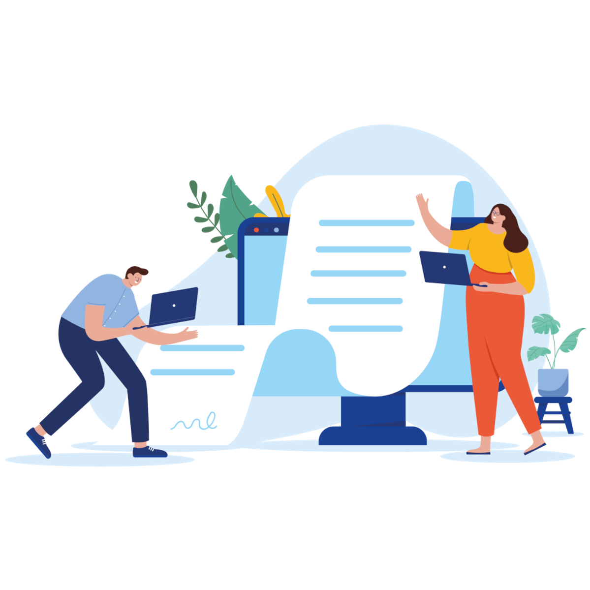 Zwei Personen vor langer Liste Illustration von zwei Personen mit Laptops vor einer großen und langen Liste.