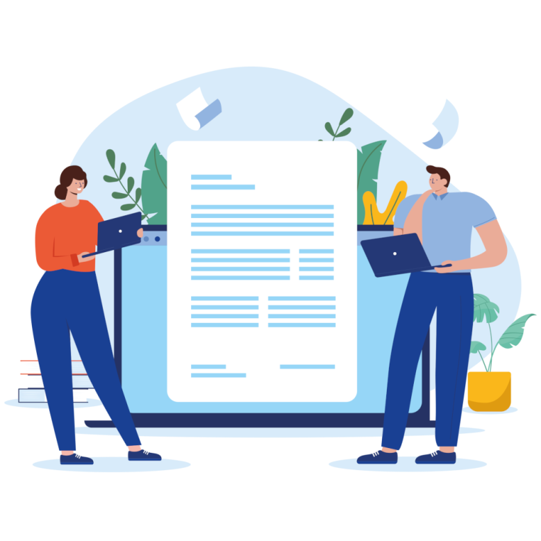 Illustraion von zwei Personen mit Laptops stehend beidseitig neben einem großen Text-Dokument.