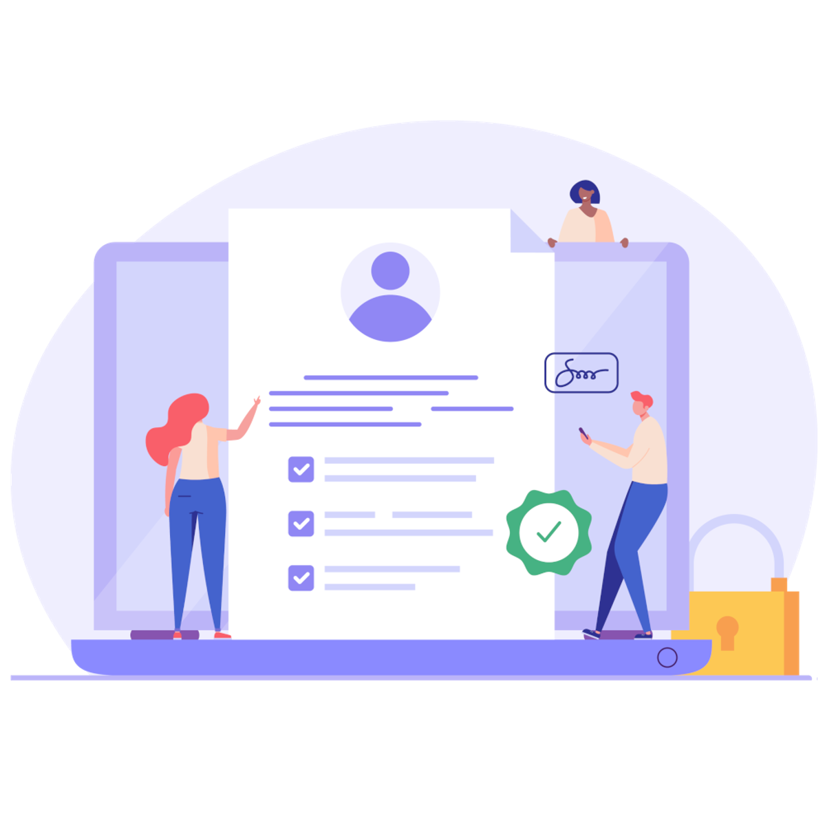 Drei Leute am Formular Illustration dreier Menschen, die auf einem riesigen Notebook vor einem Formular stehen.