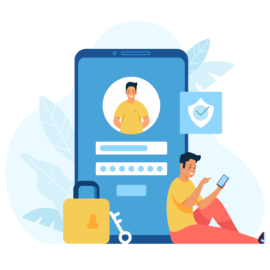Illustration eines Mannes, der vor einem großen Smartphone sitzt, das eine Passworteingabe anzeigt.