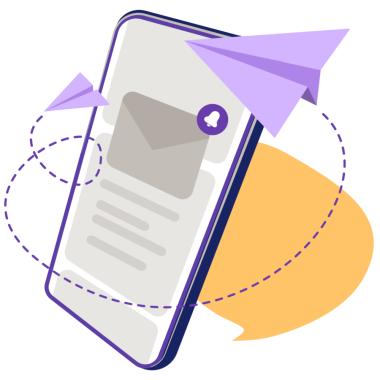 Illustration eines Smartphones, um das zwei Papierflieger herum fliegen.