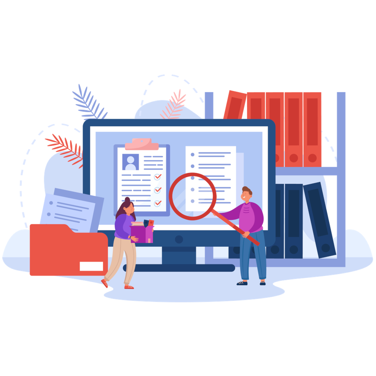 Zwei Personen vorm Monitor Illustration von zwei Personen mit Lupe und Karton stehend vor einem großen Monitor.