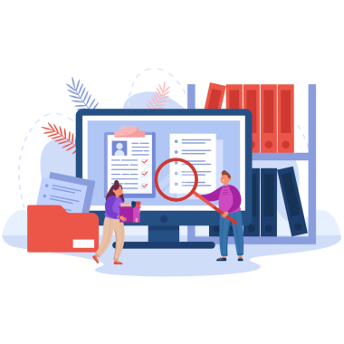 Illustration von zwei Personen mit Lupe und Karton stehend vor einem großen Monitor.