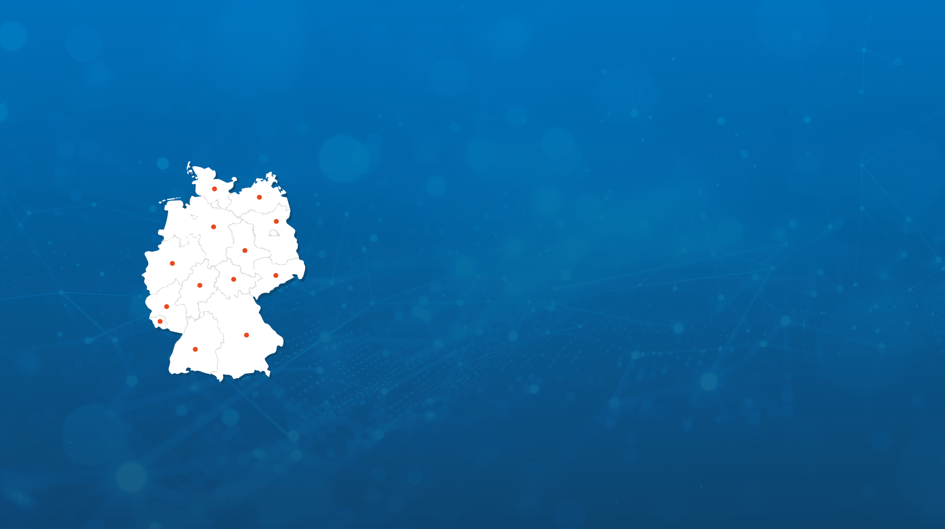 Weiße Deutschlandkarte mit eingezeichneten Bundesländern auf blauem Hintergrund.