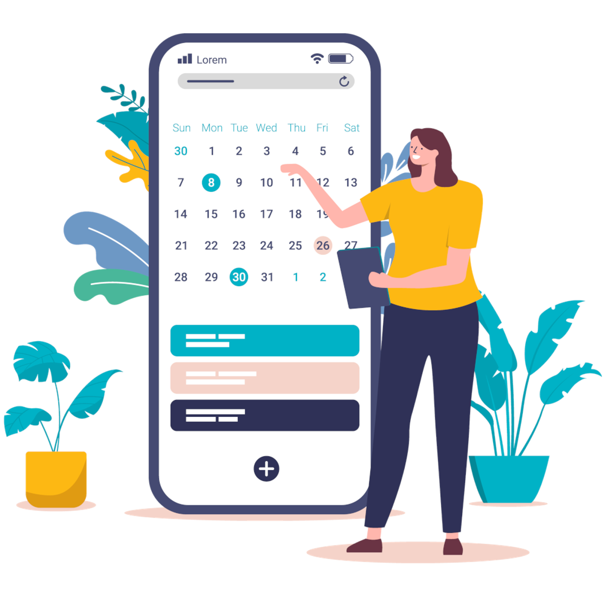 Illustration einer Frau, die vor einem riesigen Smartphone steht, auf dem ein Kalender zu sehen ist.