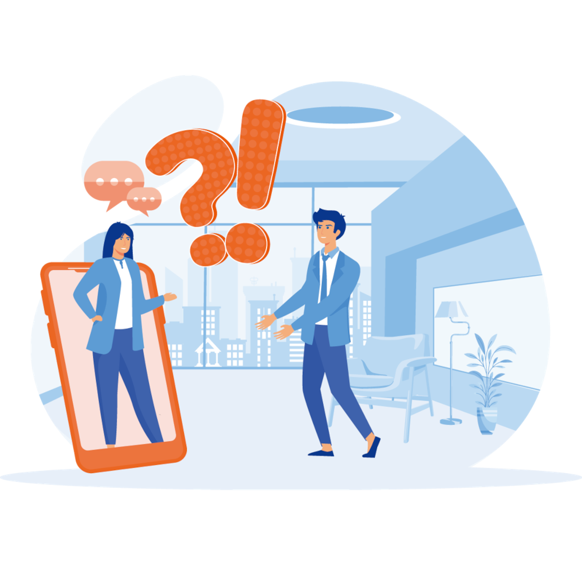 Illustration einer Frau, die in einem Smartphone steht und daraus herausragend ein Gespräch mit einem Mann im Büro führt.