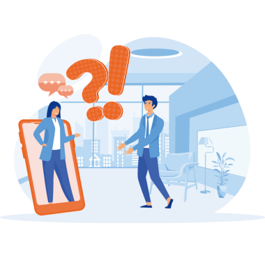 Zwei Personen führen ein Gespräch Illustration einer Frau, die in einem Smartphone steht und daraus herausragend ein Gespräch mit einem Mann im Büro führt.