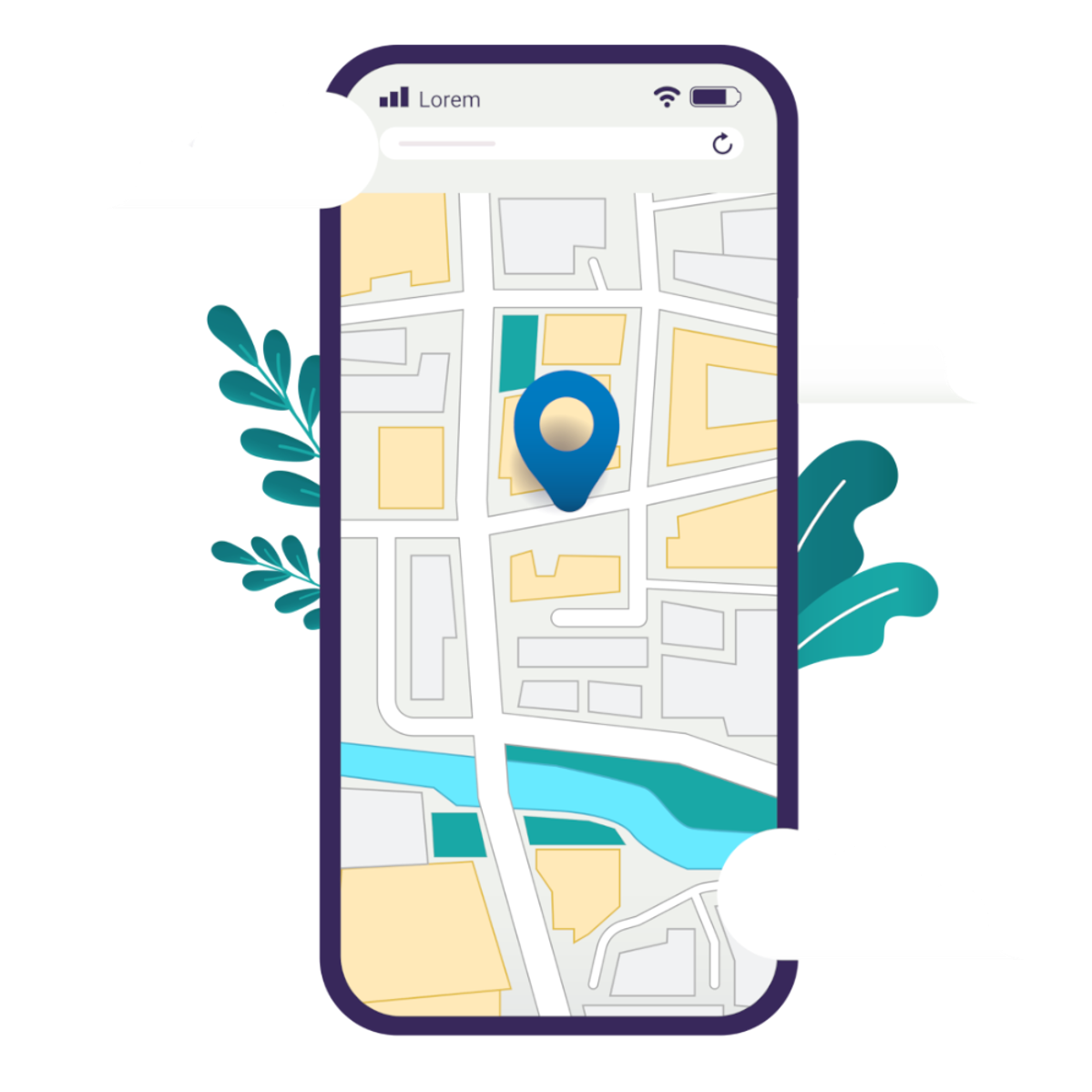 Illustration eines Smartphones, das ein Standort auf einer digitalen Karte anzeigt.