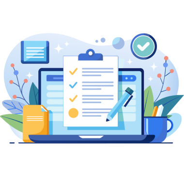 Illustration einer Checkliste auf einem Klemmbrett vor einem Notebook mit einem Kugelschreiber.