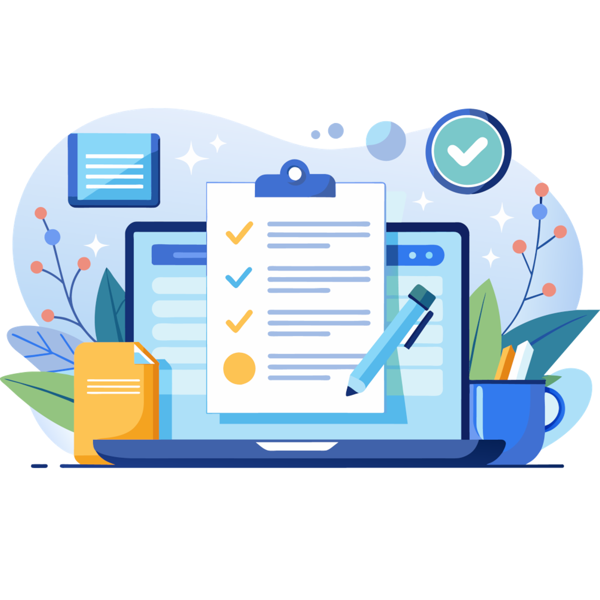 Illustration einer Checkliste auf einem Klemmbrett vor einem Notebook mit einem Kugelschreiber.