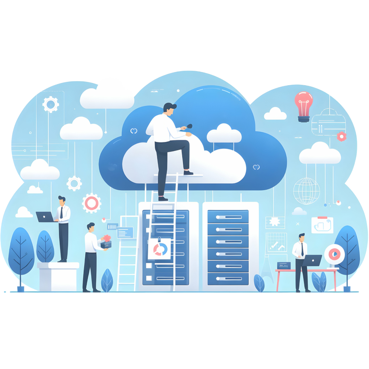 Illustration eines Büroarbeiters, der über eine Leiter oberhalb von Aktenschränken an eine Wolke klettert und sie anmalt.