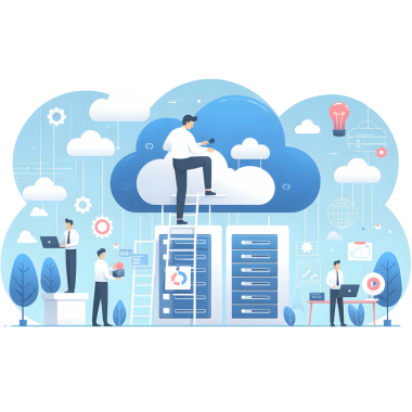 Illustration eines Büroarbeiters, der über eine Leiter oberhalb von Aktenschränken an eine Wolke klettert und sie anmalt.