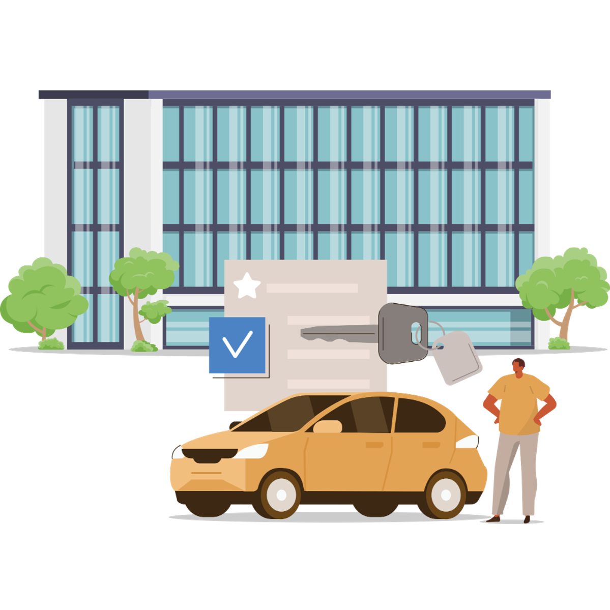 Illustration eines Mannes mit einem Auto und einem Autoschlüssel vor einem hohen Bürogebäude.